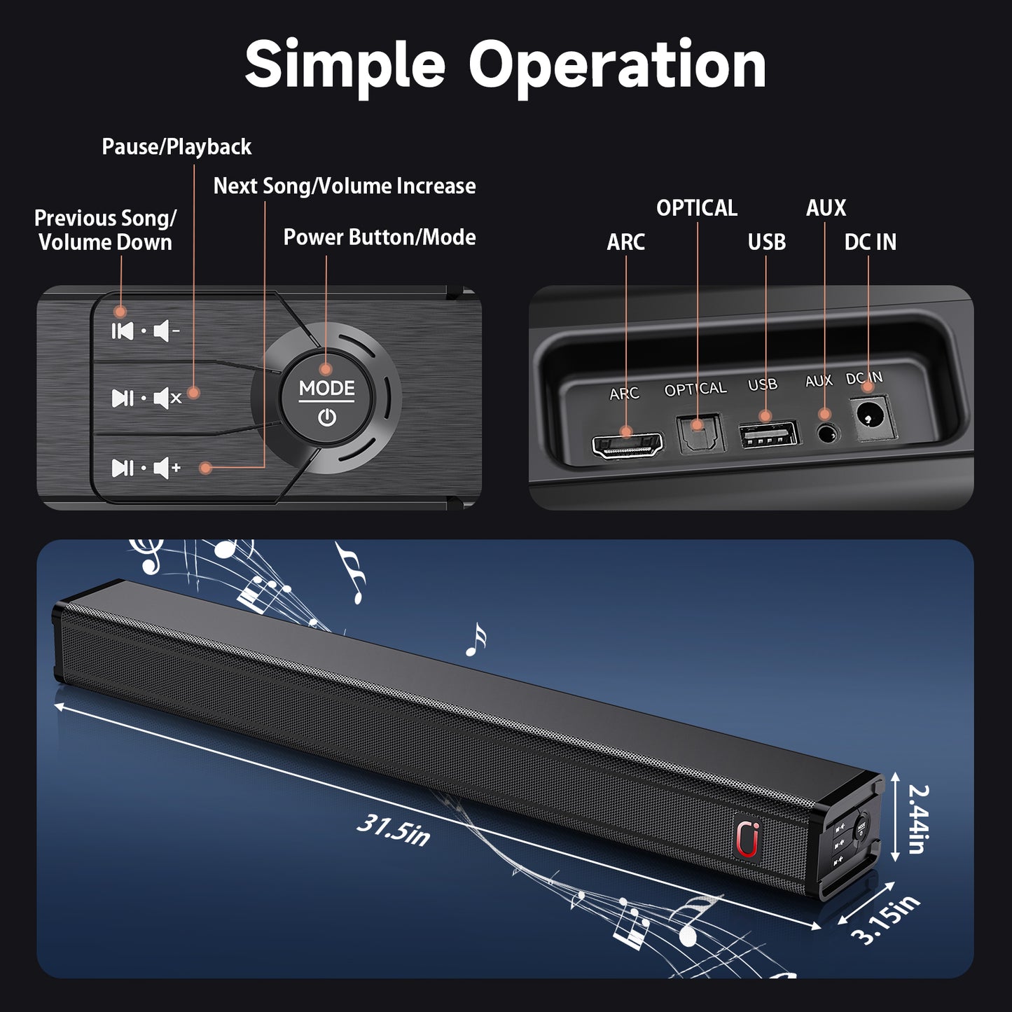 JYX H7 31.5In Soundbar for TV & 3D Surround Sound Bar for TV with Subwoofer & Wall Mountable
