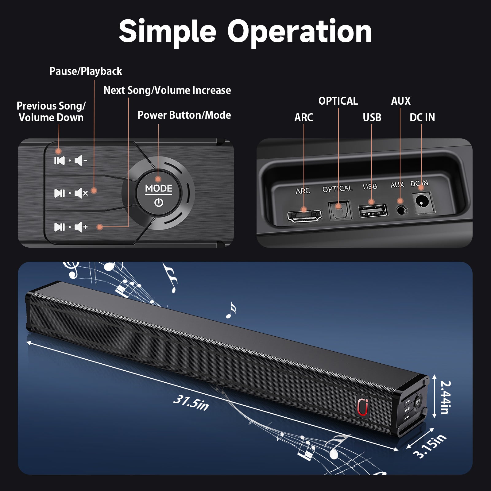 JYX H7 31.5In Soundbar for TV & 3D Surround Sound Bar for TV with Subwoofer & Wall Mountable